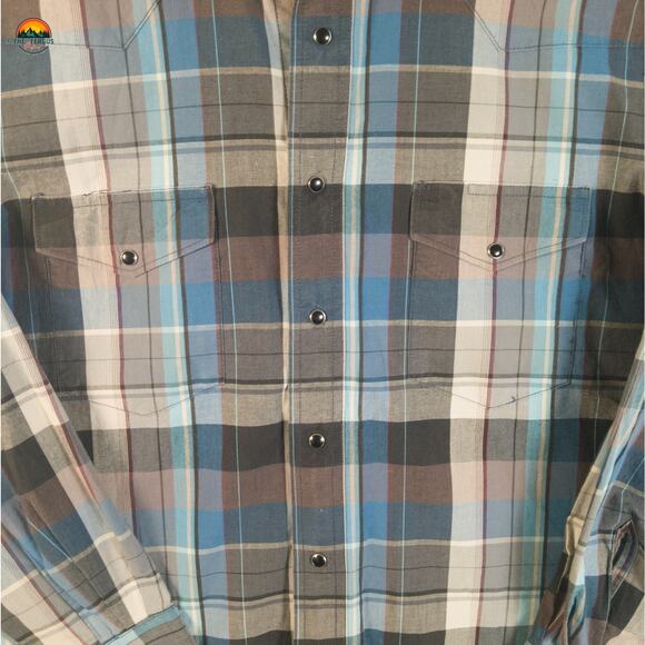 Wrangler Pearl Snap Button-Up Shirt Gray Blue Plaid Cotton Long Sleeve Men's M - Picture 5 of 11